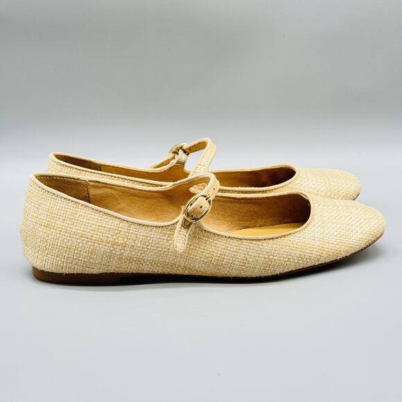 J Crew Shoes Womens 6.5 Beige Mary Jane Ballet Flats Raffia Woven Buckle Comfort - Picture 1 of 12